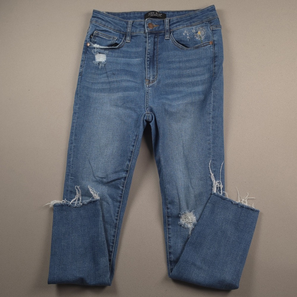 Judy Blue High Rise Distressed Skinny Jeans Women 7/28 Medium Wash Raw Hem Denim